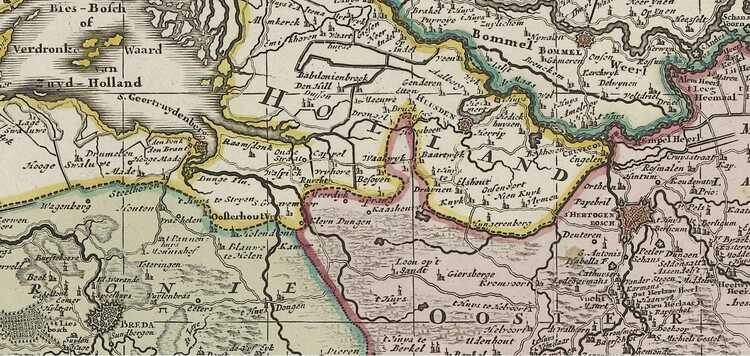 Kaart van de Zuidelijke Nederlanden ca. 1700. De bende van de Witte Veer vestigde zich in 1720 in de moerassen tussen Loon op Zand en ‘s-Gravenmoer. (Bron: Rijksmuseum)