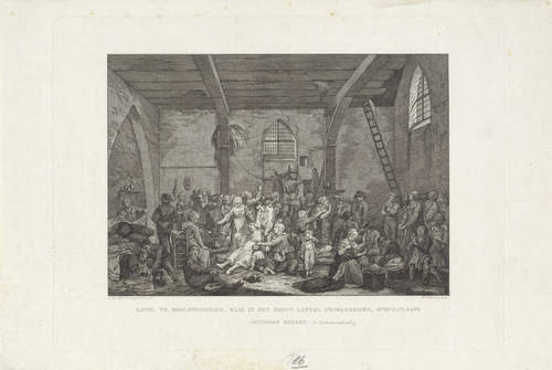 Reinier Vinkeles naar Cornelis van Hardenbergh, Watersnoodslachtoffers in het kerkje van Babyloniënbroek, ets en gravure. (Bron: Rijksmuseum)