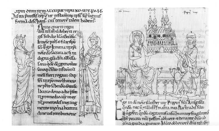 Afbeeldingen van de heilige Irmina en de heilige Willibrord in het Gouden boek van Echternach. (Bron: Anoniem, ca. 1275, Liber aureus Epternacensis)