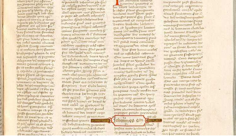 Bladzijde uit het boek Florarium Temporum met de beschrijving van de stichting van klooster Mariënhage. (Bron: Nicolaas Clopper, ca. 1472, Münchener DigitalisierungsZentrum)