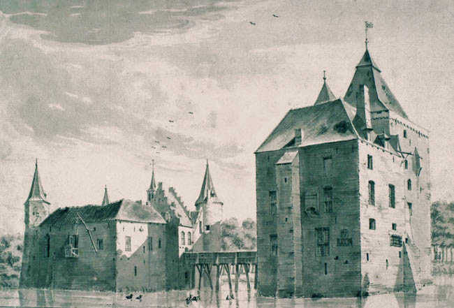 Het kasteel van Mierlo op een pentekening van Jan de Beijer. (Bron: 1738, Noordbrabants Museum)