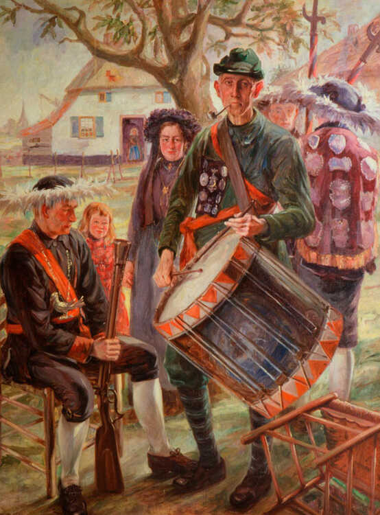 Een gildentafereel in Lieshout met trommelslager Bekkers. (Bron: Reinier Pijnenburg, 1939, Het Noordbrabants Museum)