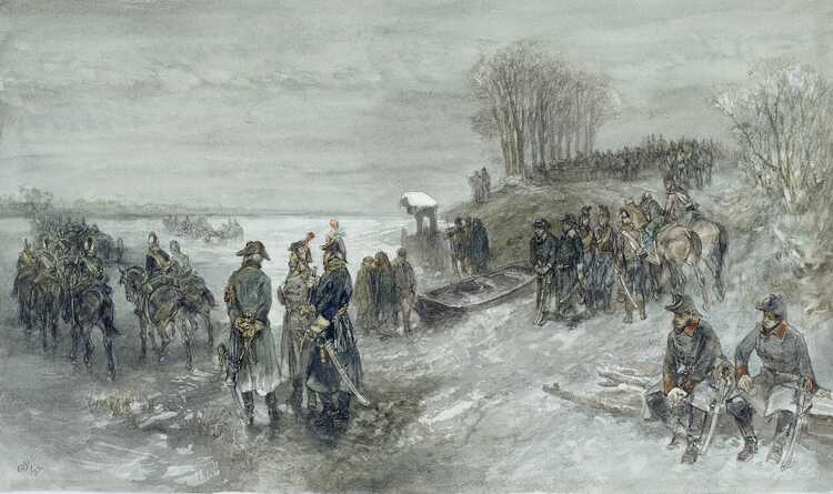 Fransen trekken over bevroren rivier Rochussen