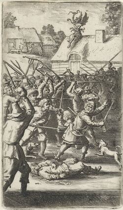 Boeren verzetten zich tegen plunderende soldaten, ca 1668. (Bron: Rijksmuseum)