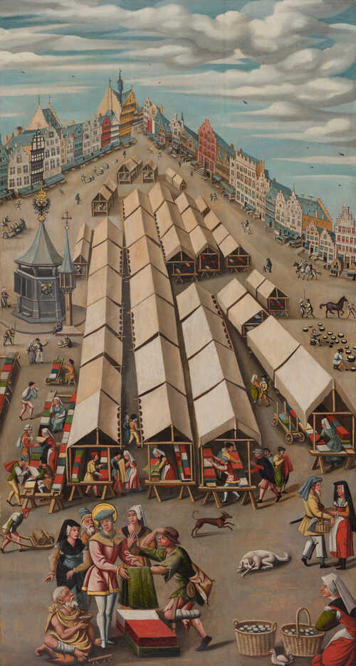 De Markt te 's-Hertogenbosch gezien vanaf de Korte Kerkstraat naar de Hoge Steenweg. Op de voorgrond Sint-Franciscus, de patroonheilige van het gewandsnijders- en droogscheerdersgilde, die stoffen uitdeelt aan de armen (bron: Noordbrabants Museum)