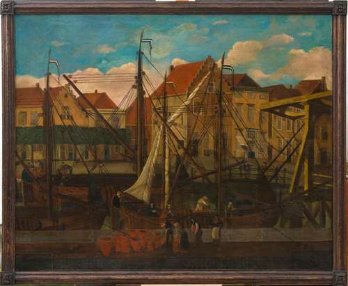 Aardewerk laden op een schip in Bergen op Zoom NBM begin negentiende eeuw