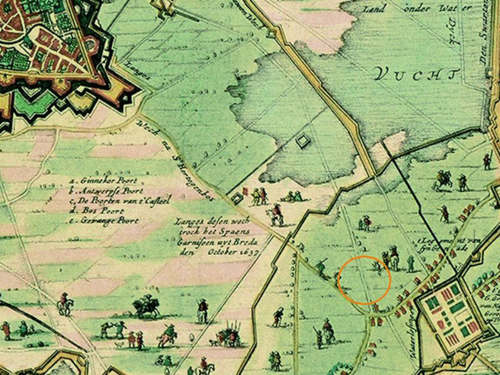 Uitsnede uit de kaart van Claes Janz. Visscher uit 1637 met omcirkeld de locatie van de opgraving met rechts daarvan het legerkamp van de Staatse troepen. Erfgoed Breda