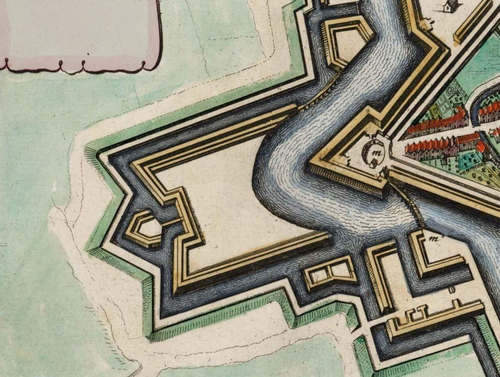 Uitsnede uit de kaart van Joan Blaeu met hoornwerk aan de westzijde van de stad. Dit is de situatie rond 1622. Erfgoed Breda