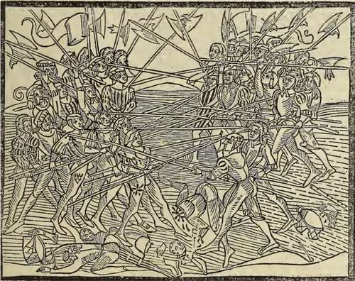 Afbeelding van een Middeleeuwse veldslag uit de Keulse Kroniek. (Bron: Die Cronica van der hilliger Stat Coellen)