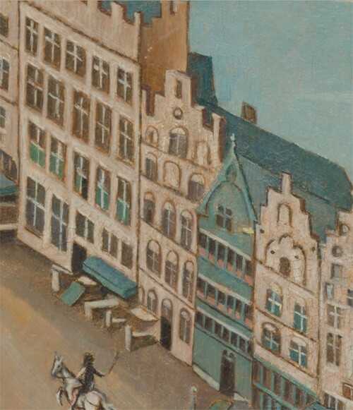 Het woonhuis van Jeroen Bosch op een schilderij van de Bossche lakenmarkt.