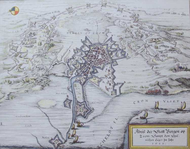 De belegering van Bergen op Zoom in 1622 in vogelvlucht, gezien vanuit het westen. Collectie Stichting Vrienden van Het Markiezenhof.