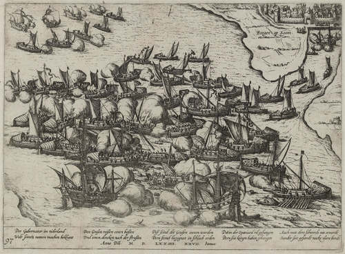 Slag op de Schelde bij Bergen op Zoom, 1574. Ets door Frans Hogenberg, omstreeks 1584. Collectie West-Brabants Archief.