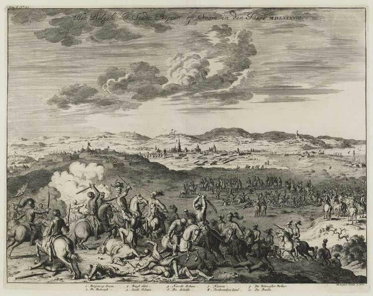 Beleg van Bergen op Zoom in 1588 met op de voorgrond een ruitergevecht tussen de gebroeders Backx en Spaanse ruiters. Ets en gravure door Jan Luyken, omstreeks 1728. Collectie West-Brabants Archief.
