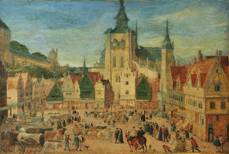 De Grote Markt te Bergen op Zoom met in het midden de Sint-Gertrudiskerk. Hans Bol, omstreeks 1587, tempera op perkament. De heuvel linksboven is fantasie, maar de rest van de afbeelding klopt. Collectie Museum het Markiezenhof.