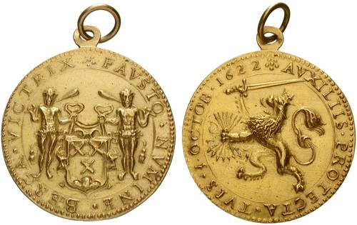 Gouden beloonpenning (voor- en achterkant), 1622. Collectie Stichting Vrienden van Het Markiezenhof.