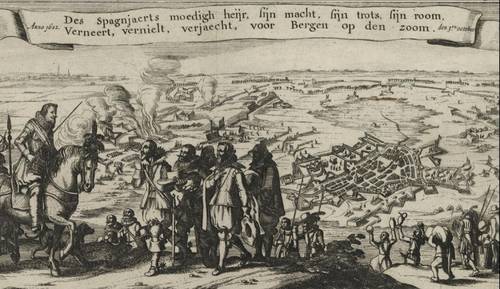 Ontzet door Maurits 1622. Anonieme ets, omstreeks 1622. De drie haasjes op de achtergrond staan symbool voor de vluchtende Spaanse troepen.