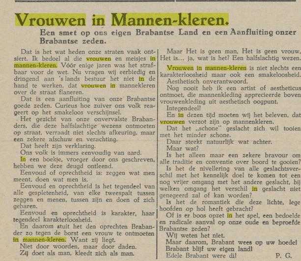 "Vrouwen in mannen-kleren" het artikel van Pater Gervasius in Groot Tilburg (Bron: 27 april 1945, Delpher)