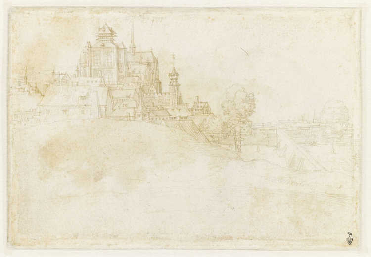 Zicht op Bergen op Zoom getekend door Albrecht Dürer rond 1520. (Bron: Chantilly, musée Condé)