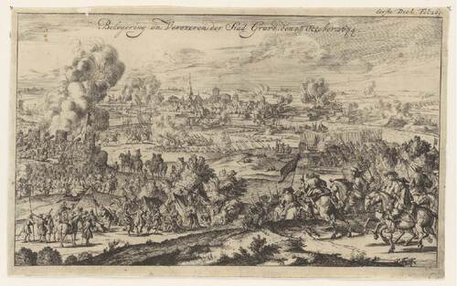 Prent van de verovering van Grave door Prins Willem Hendrik van Oranje op 28 oktober 1674. Op de voorgrond ruiters en kamptafereel, daarachter krijgstoneel, de Maas en de stad, 1674, anoniem, BHIC