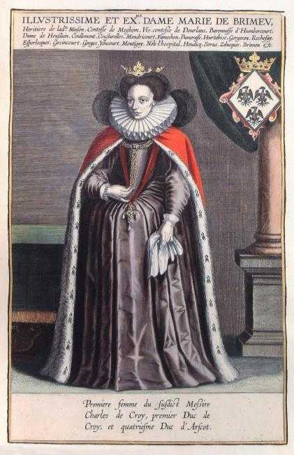 Marie de Brimeu op een prent van Jacques de Bie, gemaakt rond 1615. (Bron: Koninklijke Bibliotheek)