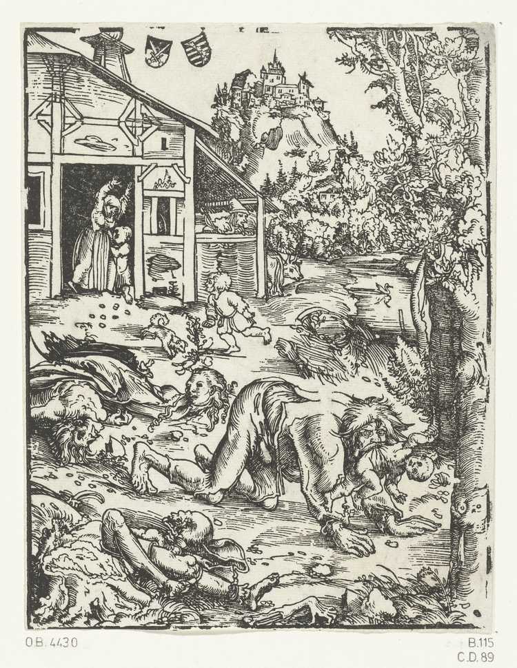 Een houtsnede met daarop een weerwolf die een kind te pakken heeft. (Bron: Lucas Cranach, 1510-1515, Rijksmuseum)