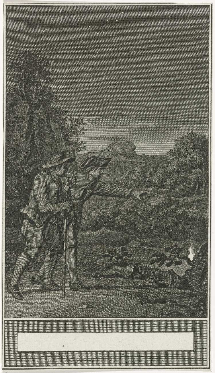 Een prent uit 1777 met daarop wee wandelaars die een bovennatuurlijk verschijnsel tegenkomen. (Bron: Noach van der Meer, Rijksmuseum)