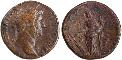 Voor- en achterkant van een bronzen sestertius met daarop een portret van keizer Hadrianus, geslagen in Rome tussen 134 en 138 (American Numismatic Society, 1944)