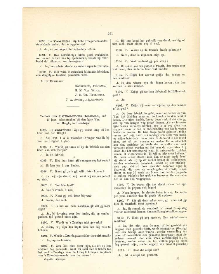 Pagina 66 van het Verslag omtrent het onderzoek ingesteld door de Derde Afdeeling der Staats-commissie van Arbeids-enquête uit 1890. (Bron: Regionaal Historisch Centrum Eindhoven)