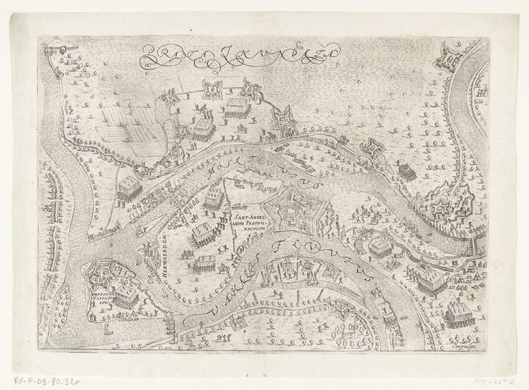 Kaart van de belegering van St. Andries in 1600 (Bron: Pieter Bast, 1600-1610, Rijksmuseum)