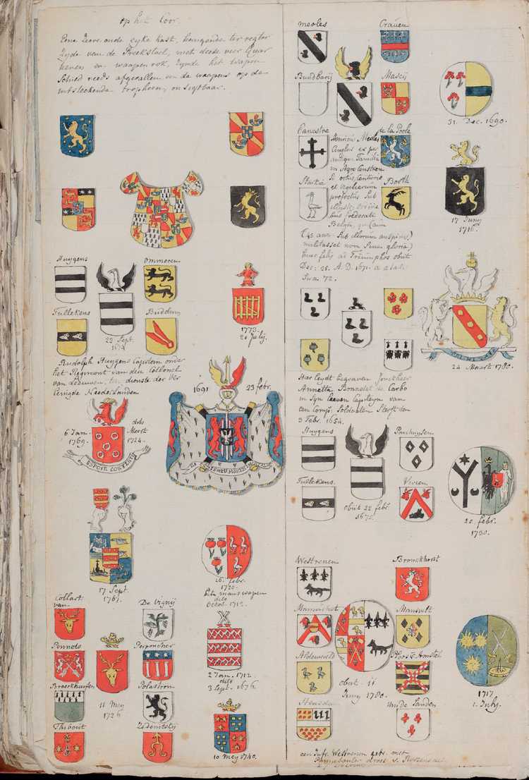 De wapenborden van de Grote Kerk te Breda op een blad uit het Wapenboek van Maximiliaan Louis van Hangest uit 1784. (Bron: Koninklijk Nederlands Genootschap voor Geslacht- en Wapenkunde)