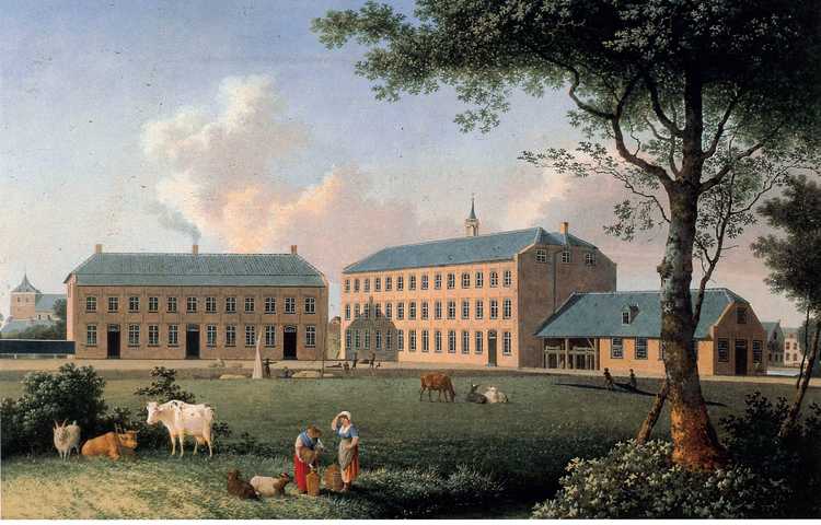 "Het Paradijs", een deel van het fabriekscomplex van textielfabriek J.Th.M. Smits & Zn in Eindhoven rond 1825. (Bron: M. D. Knip en J. A. Knip, Het Noordbrabants Museum)