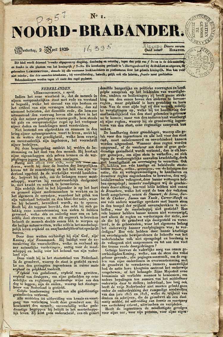 Voorpagina van de Noord-Brabbander op Donderdag 2 april 1829 Brabant-Collectie Tilburg