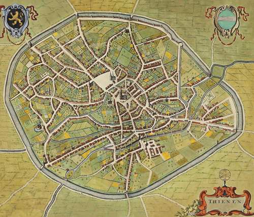 Geografische kaart van Tienen, uit Stedenboek van Frederick de Wit (bron: Frederick de Wit, Koninklijke Bibliotheek)