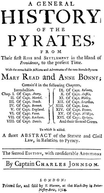 De titelpagina van A general history of the pyrates van C. Johnson (Bron: 1724, Wikimedia Commons)