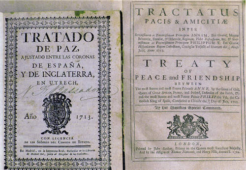 Eerste blad vrede van Utrecht in Spaans, Engels en Latijn, 1713 en 1714, bron: Angel Paez, Wikimedia Commons