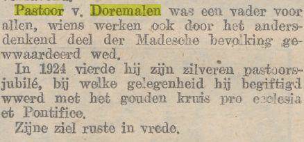Doodsbericht pastoor van Doremalen, Nieuwe Tilburgsche Courant, 15-3-1928, Delpher