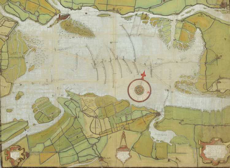 Kaart  van de Biesbosch door Pieter Sluyter, getekend in 1560. (Bron: Nationaal Archief)