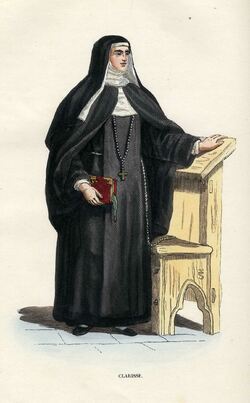 Een zuster van de orde der Clarissen. (Bron: Tiron, R., Histoire et costumes des ordres religieux, Brussel, 1845)