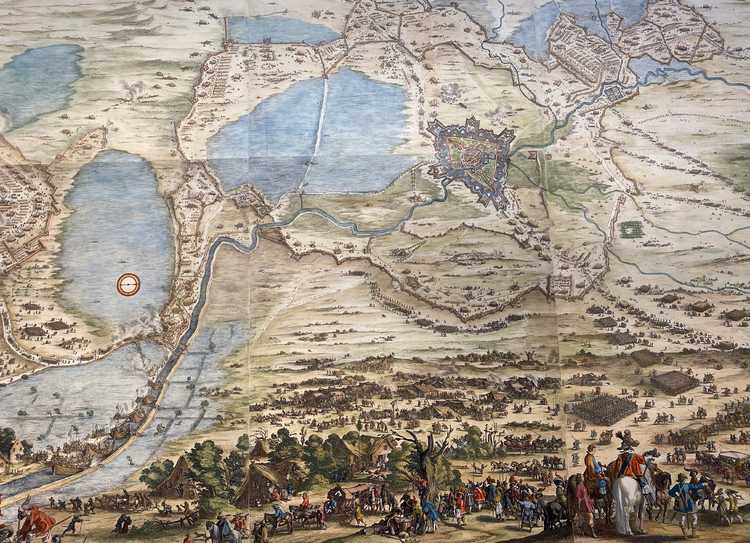 De kaart van de belegering van breda door Jacques Callot. Hij is later ingekleurd. (Bron: Stedelijk Museum Breda)