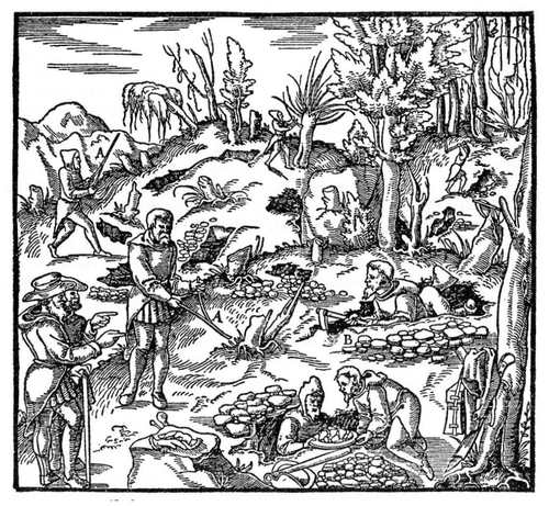 Een houtsnede uit het boek ‘De Re Metallica’ van Georg Agricola (1556). We zien het toeziende ‘management’ linksonder, alsmede een tweetal wichelroedelopers. (Bron: Agricola, 1556)