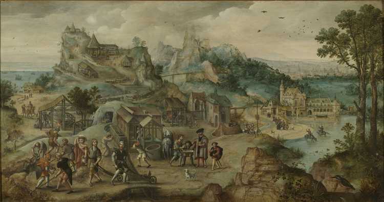 Het schilderij ‘De kopermijn’ van Lucas Gassel uit 1544. (Bron: Koninklijk Museum voor Schone Kunsten in Brussel)