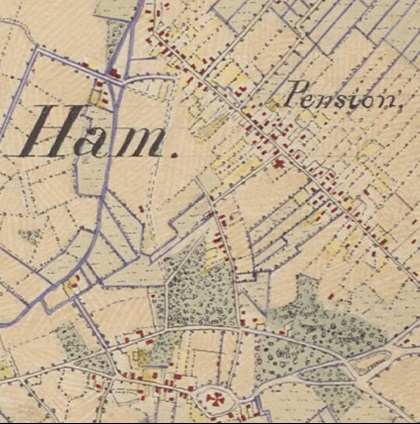 De ligging van het pensionaat aan de Hoge Ham. (Bron: uitsnede kaart van Noord-Brabant 1849, A.J. Bogaerts)