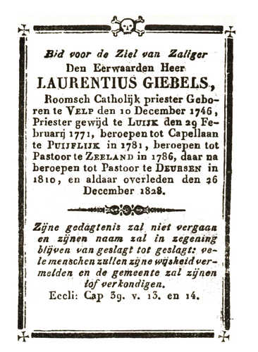 Laurentius Giebels was een priester en stierf in 1828. (Bron: Heemkundekring 'Zeeland')