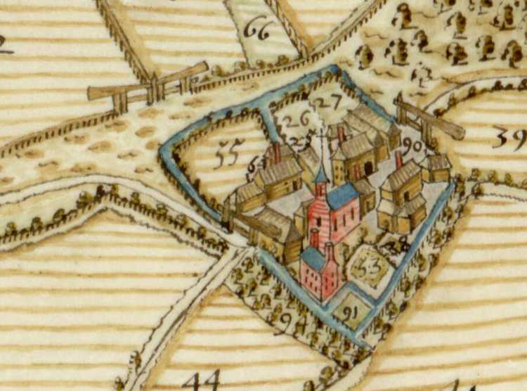 Uitsnede van een kaart met daarop de bezittingen van de Abdij van Averbode in en rond het dorp Sterksel Op de kaart zijn draaibomen getekend die de toegang versperren tot perceen en het dorp