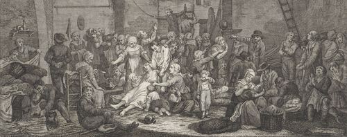 Uitsnede van een ets en gravure van Reinier Vinkeles naar Cornelis van Hardenbergh, Watersnoodslachtoffers in het kerkje van Babyloniënbroek. (Bron: Rijksmuseum)