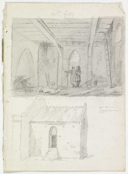 Cornelis van Hardenbergh, Kerkje van Babyloniënbroek, interieur en exterieur, potloodtekening, Rijksmuseum RP-T-1892-A-2518 (recto).