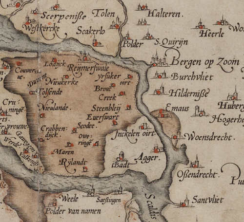 Detail van de kaart van Zeeland door Abraham Ortelius, ca. 1579. Naar voorbeeld van een kaart door Jacob van Deventer (uit ca. 1546, maar verloren gegaan). Goed te zien is het overstroomde gebied van Zuid-Beveland en de herbedijking van het eiland met Agger, Bath en Hinkelenoord. Het gebied bij Woensdrecht en rond het klooster Emaus staat ook nog onder water. Collectie West-Brabants Archief, inv.nr. KG 027