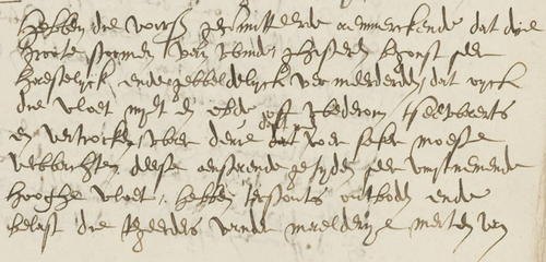 Verslag (resolutie) van de raad- en rekenkamer met de stormwaarschuwing op 1 november 1570. West-Brabants Archief: Archief van de Raad- en Rekenkamer van de markiezen van Bergen op Zoom, inv.nr. 15, fol. 342.
