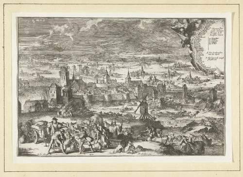 Prent van Romeyn de Hooghe die met een weergave van de stad Dordrecht tijdens de tweede Sint-Elisabethsvloed in de nacht van 18 op 19 november. (Bron: 1675-1677,Rijksstudio)