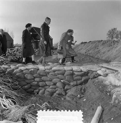 Koning Juliana bezoekt op 16 maart 1953 het door de Watersnoodramp getroffen dorp Nieuw-Vossemeer in West-Brabant. (Bron: Noske, J.D./Anefo, Wikimedia Commons)